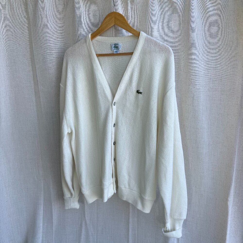 Vintage Izod Lacoste White Button-Up Cardigan – Men’s L (Repair Needed)